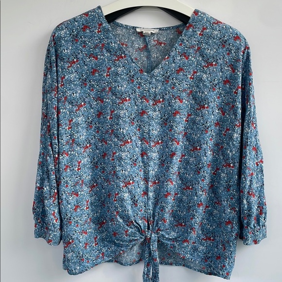 Beachlunchlounge Blue 3/4 Sleeve Tie Front Viscose  Blouse Medium - Picture 6 of 15